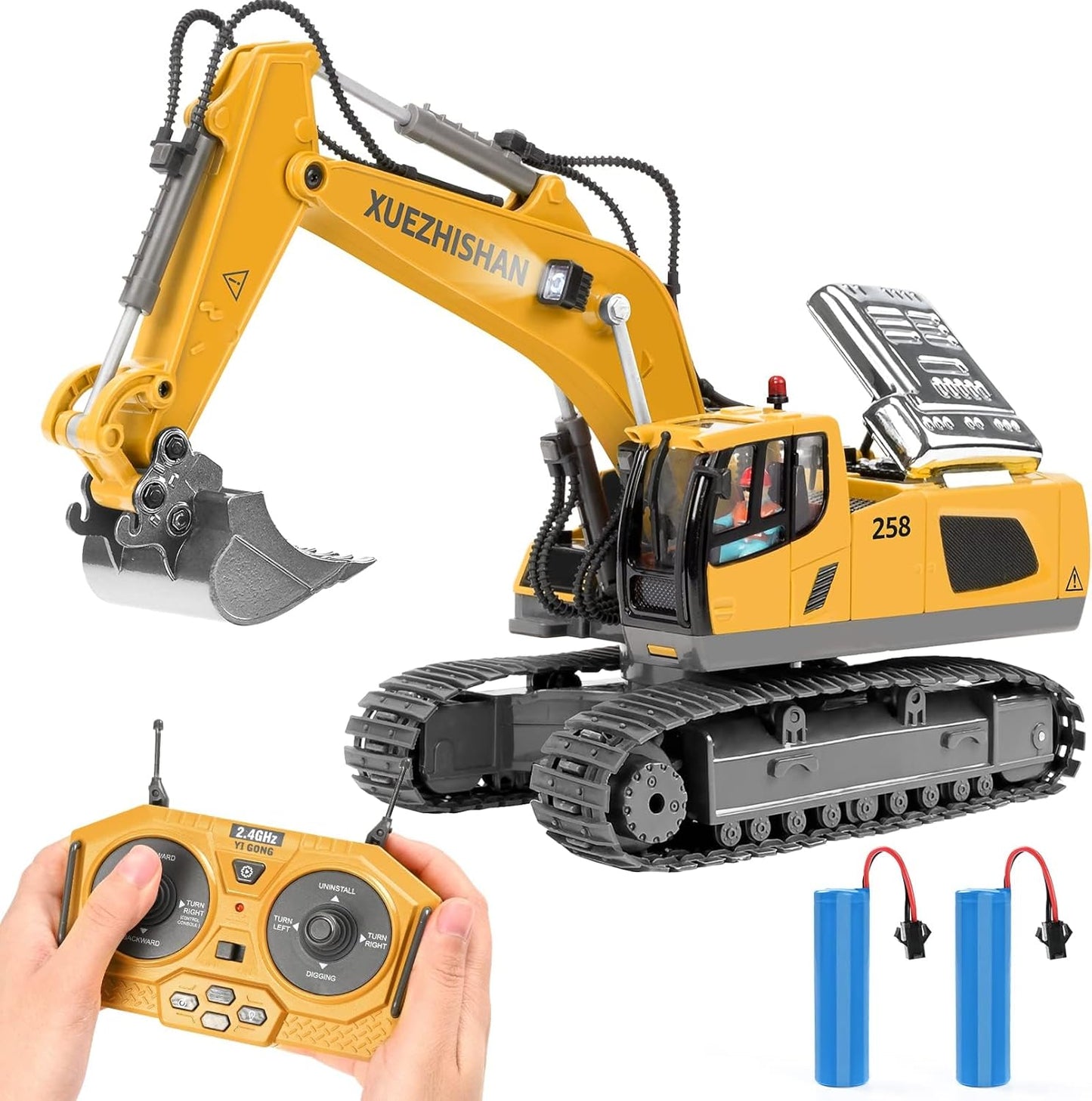 Excavatrice Jouet RC 6 Roues avec Pelle Métal et Effets Sonores