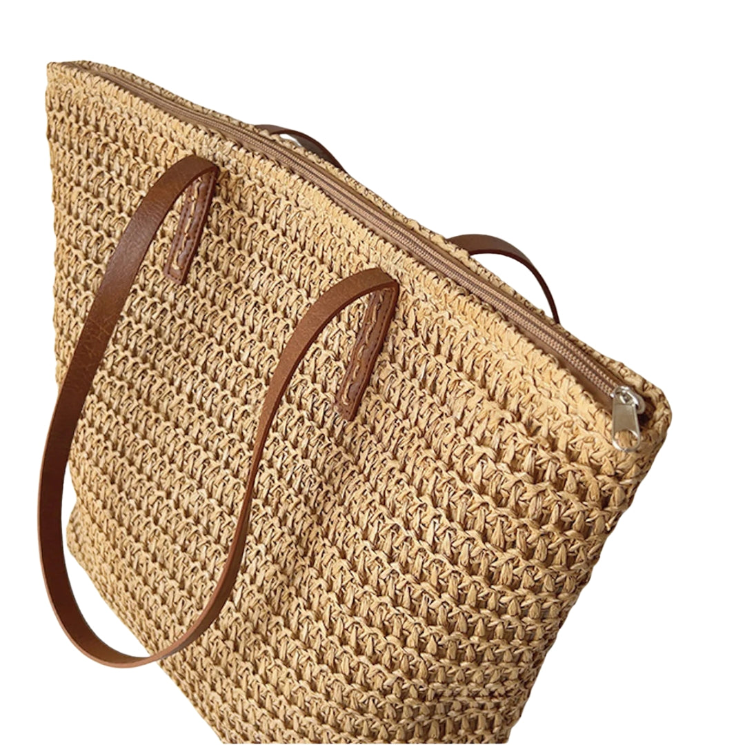Sac Panier Tressé en Osier avec Poignées Cuir pour Femme